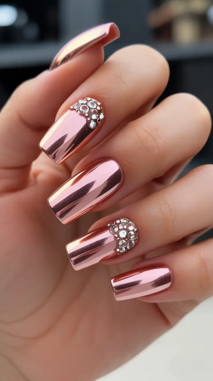 21 April nails colours 2026 Rose Gold Chrome Nails With Crystal Accent Details