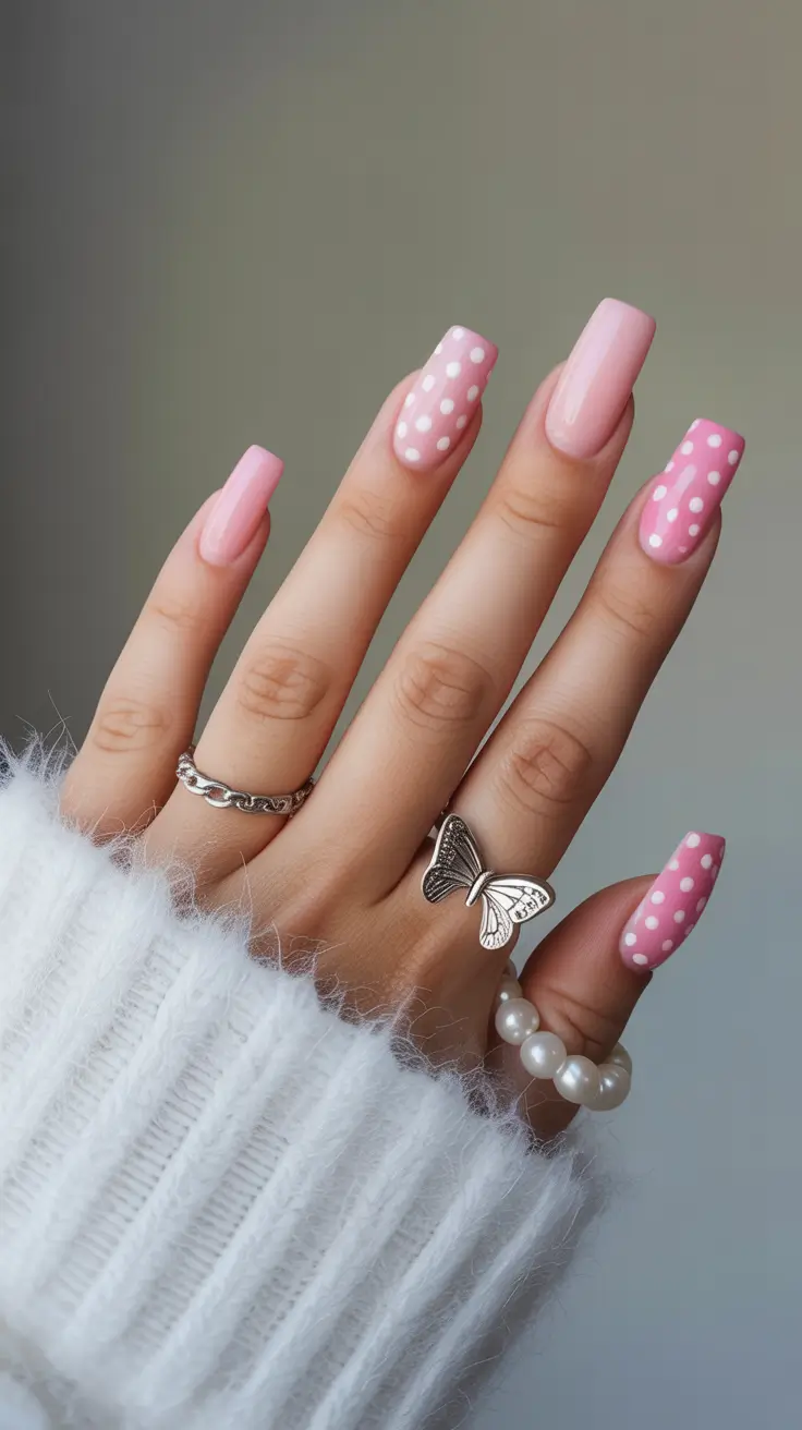 21 April nails colours 2026 Soft Pink Polka Dot Nails That Feel Playful for Spring