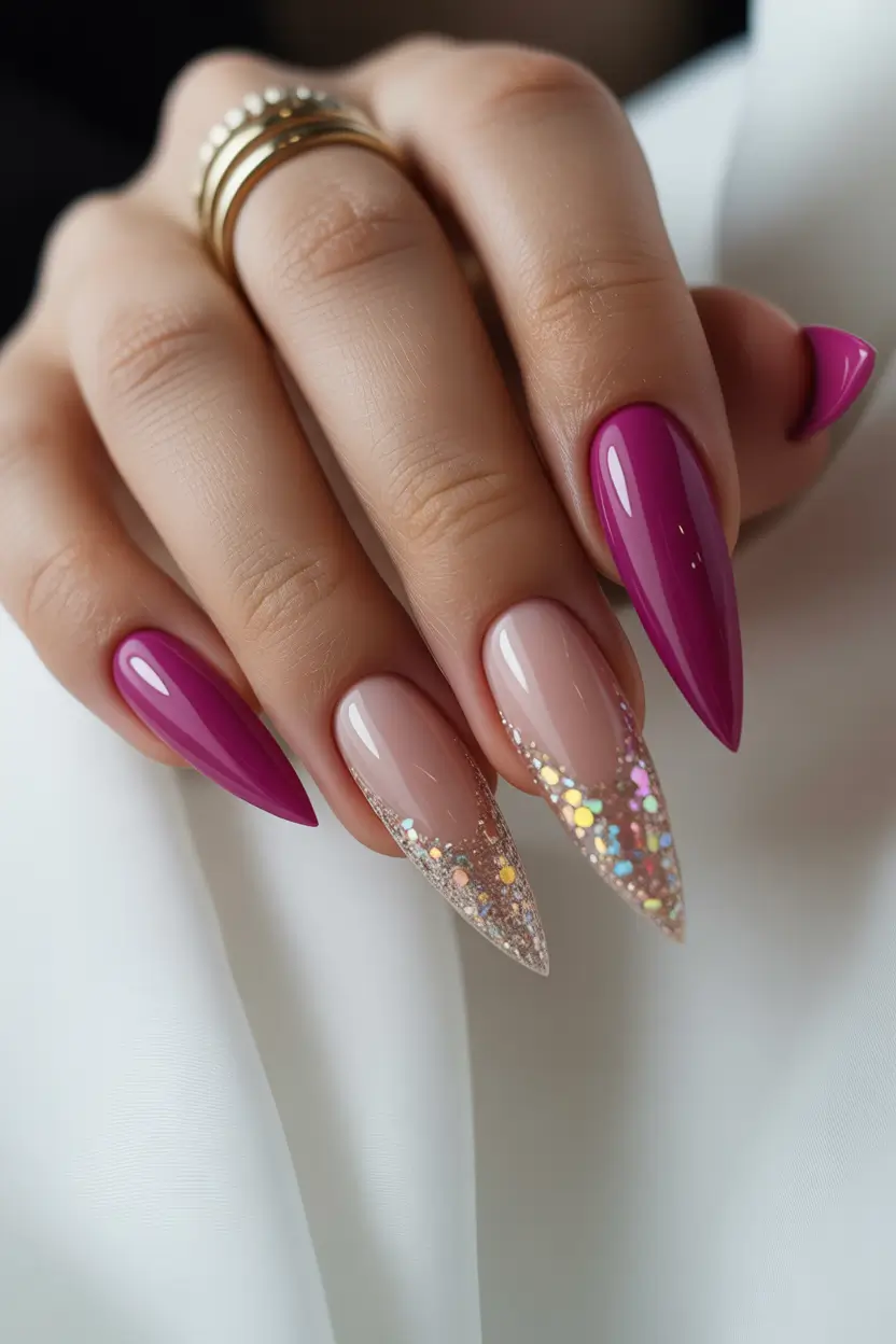 21 April nails colours 2026 Glossy Berry Stiletto Nails With Sparkling Accent