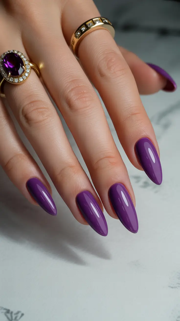 21 April nails colours 2026 Classic Violet Almond Nails With High Gloss Finish