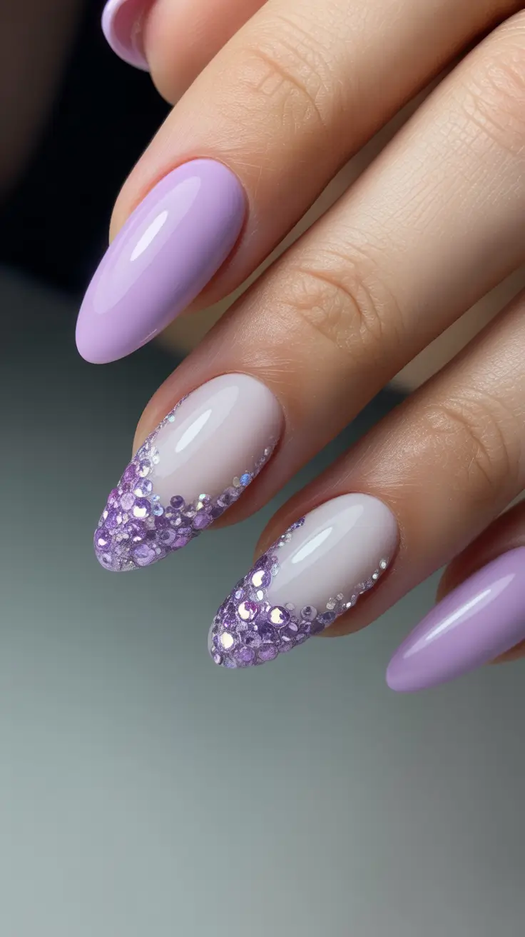 21 April nails colours 2026 Lavender Ombre Glitter Nails With Soft Sparkle