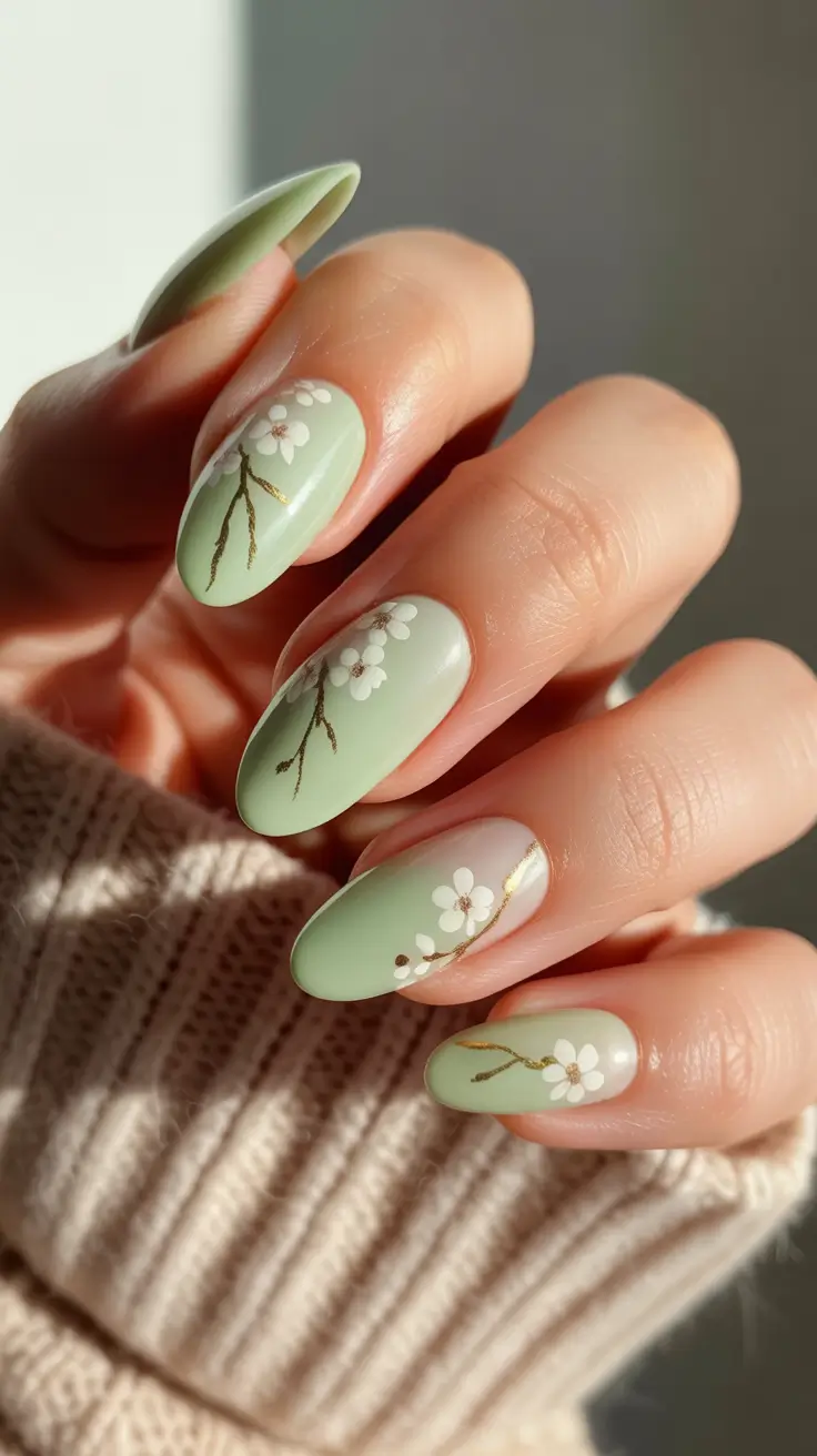21 April nails colours 2026 Sage Green Floral Almond Nails Inspired By Spring