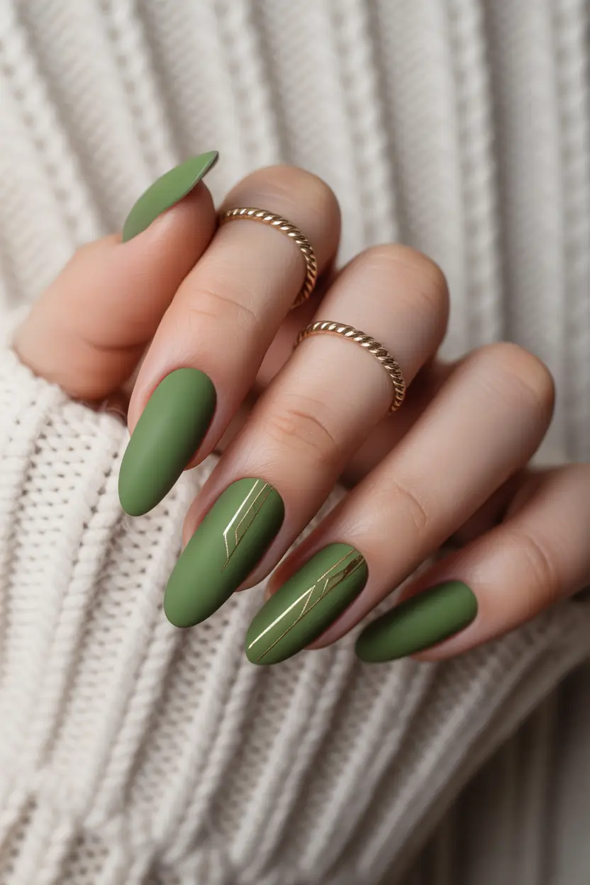 21 April nails colours 2026 Matte Olive Almond Nails With Minimal Gold Lines