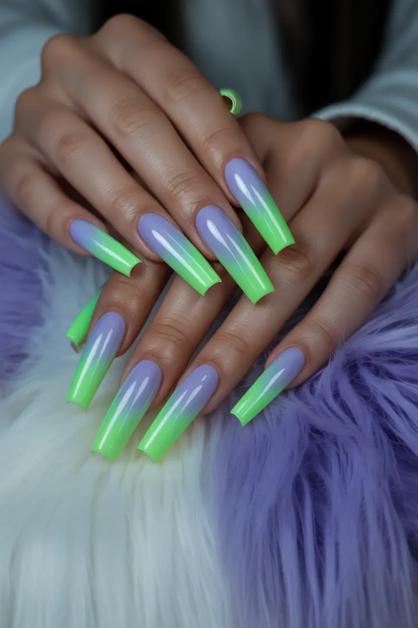 21 April nails colours 2026 Lavender and Neon Green Ombre Coffin Nails