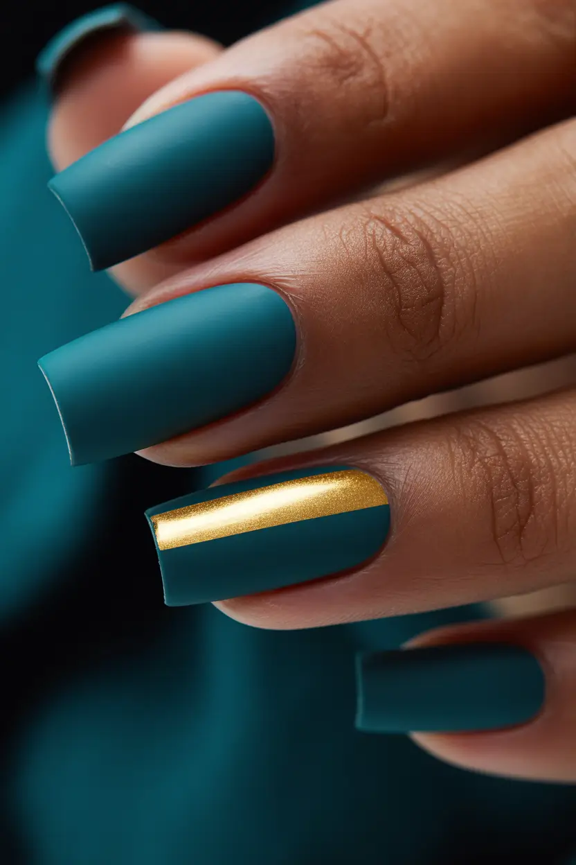 21 April nails colours 2026 Deep Teal Matte Nails With Minimal Gold Accent