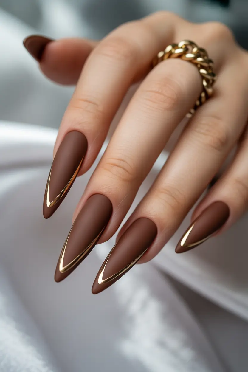 21 April nails colours 2026 Matte Chocolate Almond Nails With Gold French Detail