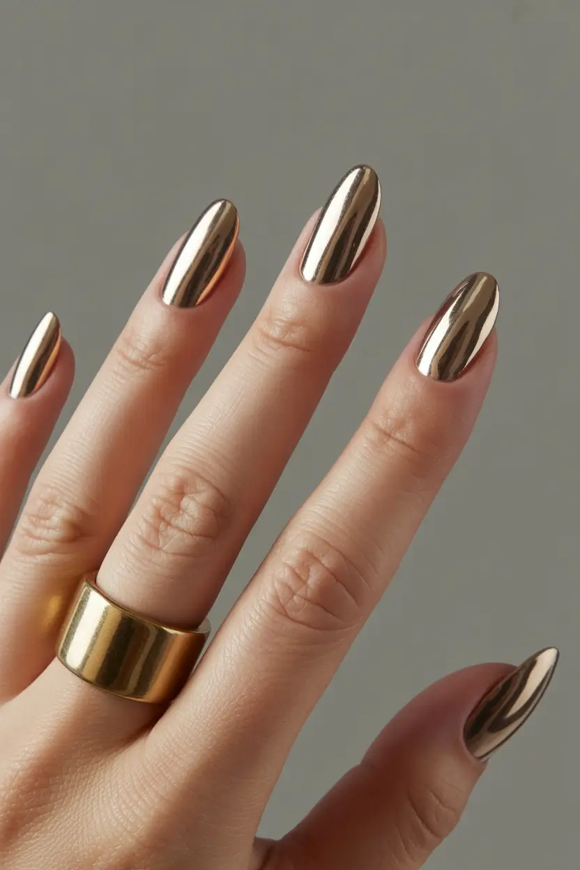 21 April nails colours 2026 Golden Mirror Chrome Nails For Bold Spring Statements