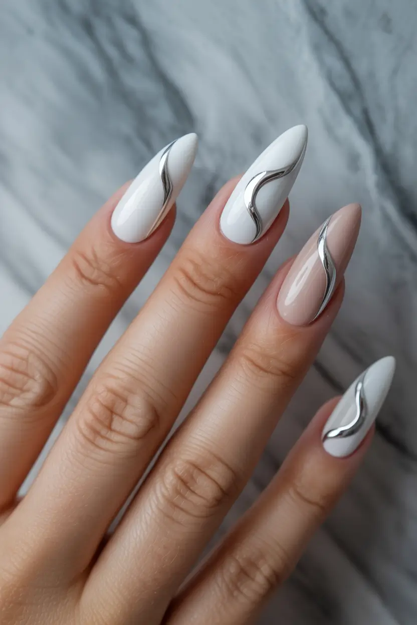 21 April nails ideas 2026 Modern White And Chrome Waves For Futuristic Spring Nails