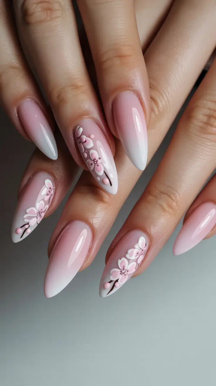 21 April nails ideas 2026 Soft Pink Blossom Almond Nails For Romantic Spring Mood