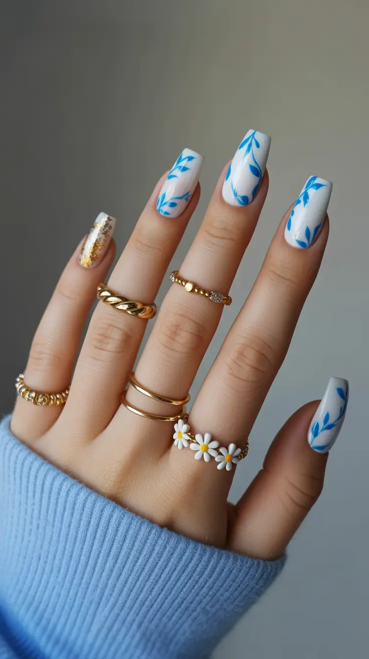 21 April nails ideas 2026 Fresh Blue Botanical Nails With Clean Square Shape