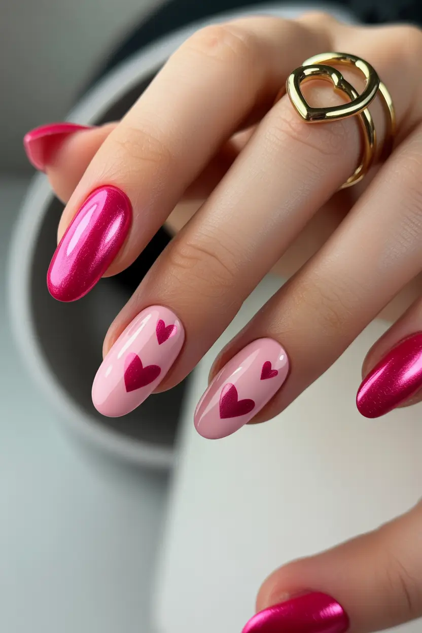 21 April nails ideas 2026 Glossy Pink Chrome Hearts For Playful Romantic Nails