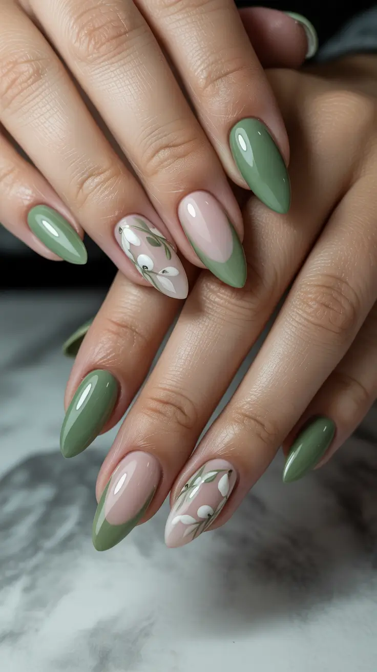21 April nails ideas 2026 Elegant Sage Green Botanical Almond Nails