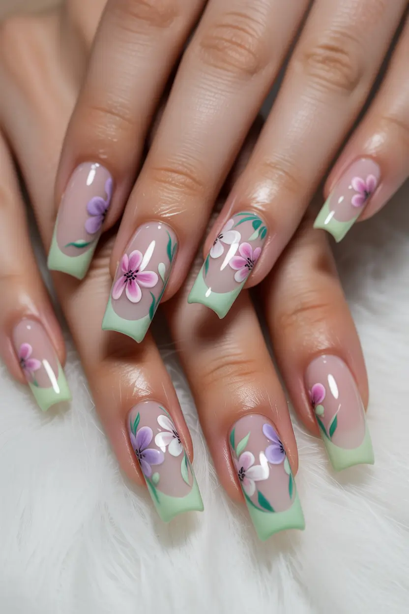 21 April nails ideas 2026 Pastel French Florals With Fresh Green Tips