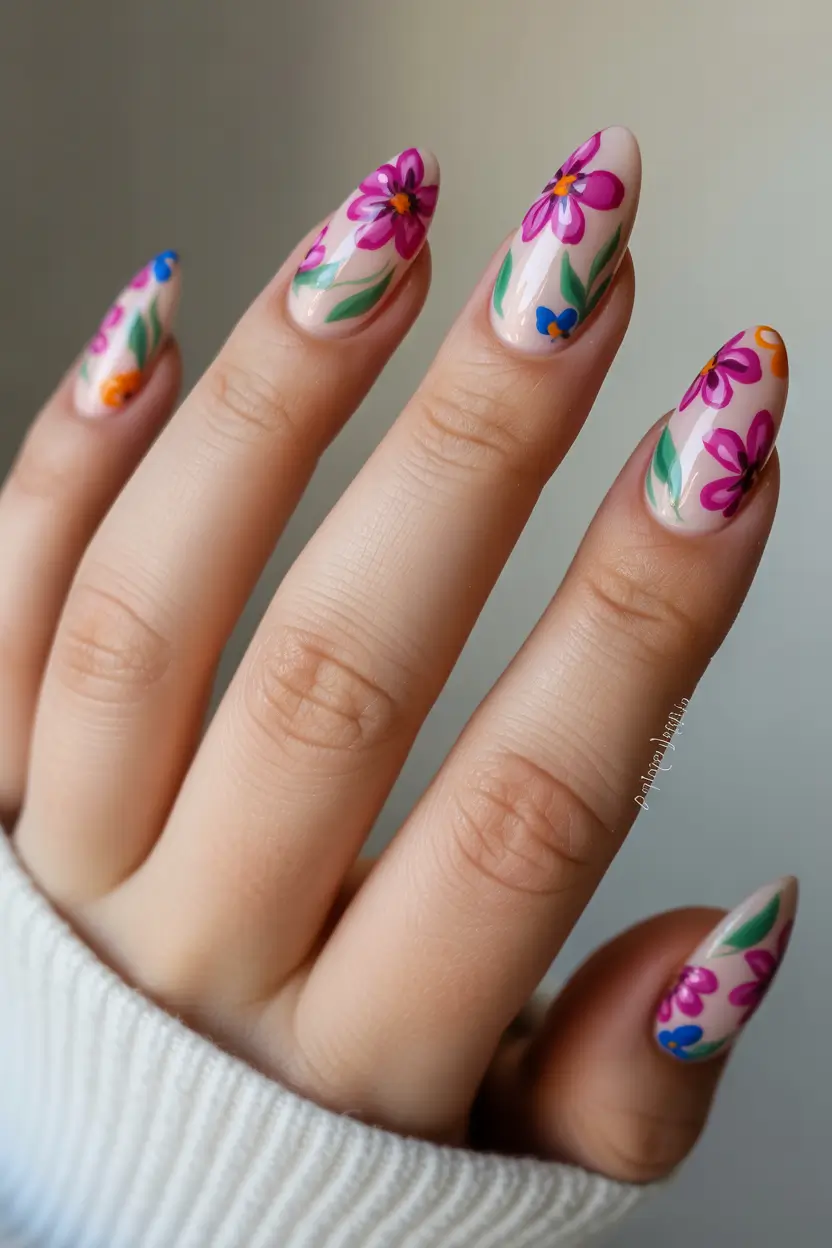 21 April nails ideas 2026 Colorful Hand Painted Floral Almond Nails