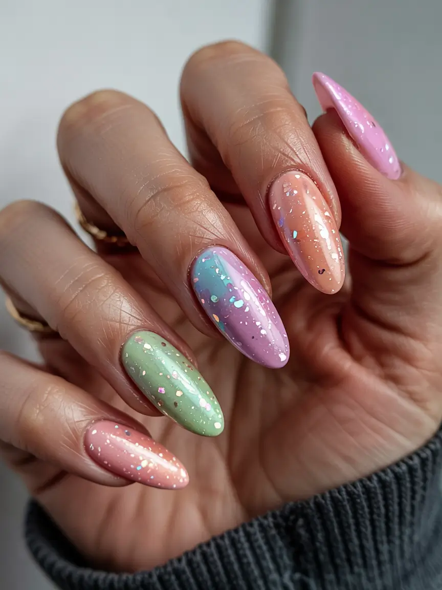 21 April nails ideas 2026 Pastel Easter Speckled Nails With Soft Spring Colors