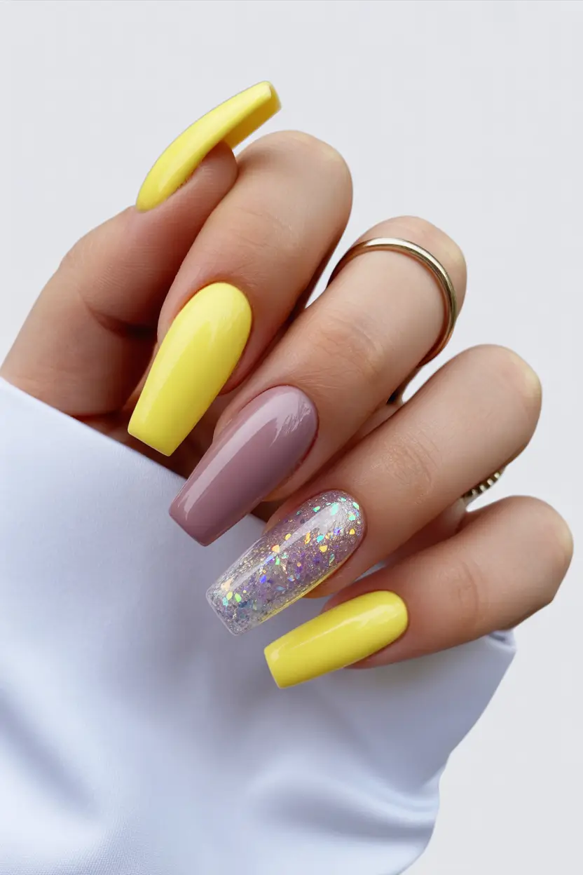 21 April nails ideas 2026 Soft Pastel Mix With Glitter Accent For Spring Charm
