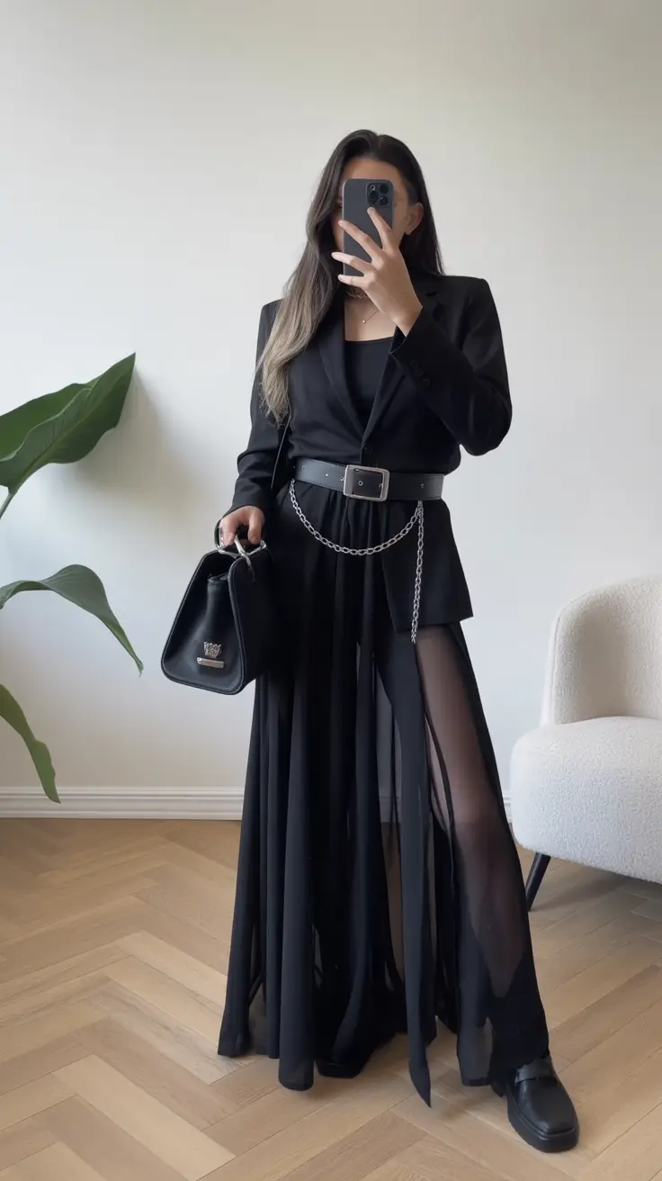 April outfits ideas 2026 All Black Evening Look with Sheer Layers