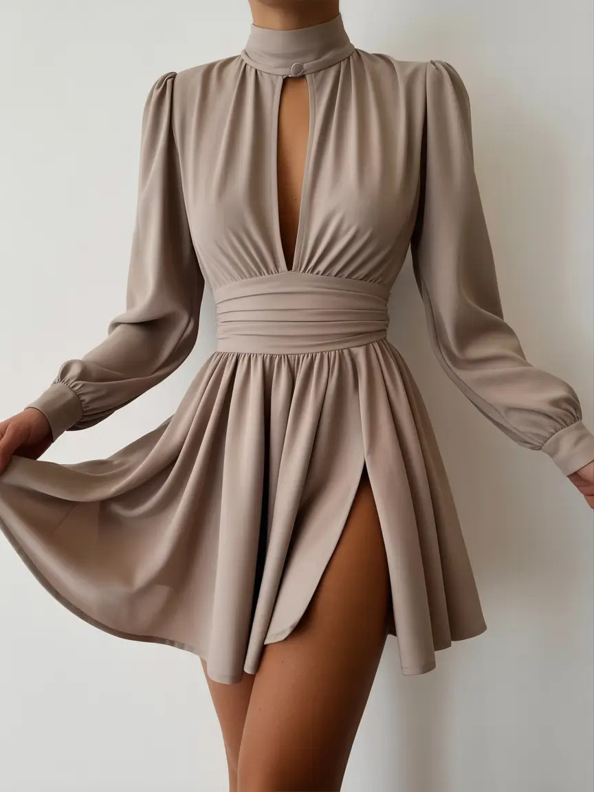 April outfits ideas 2026 Elegant Neutral Mini Dress with Soft Draping