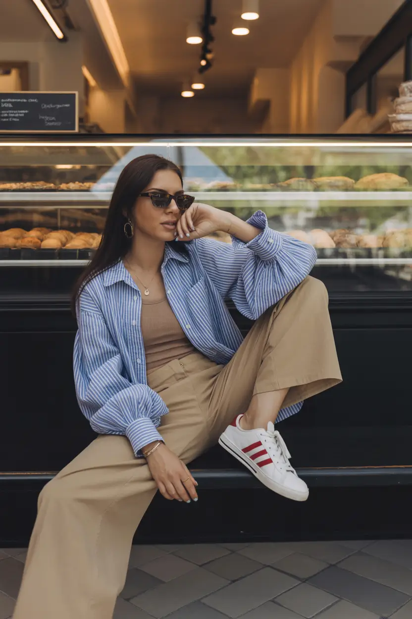 April outfits ideas 2026 Relaxed Striped Shirt and Wide Pants for Effortless City Style
