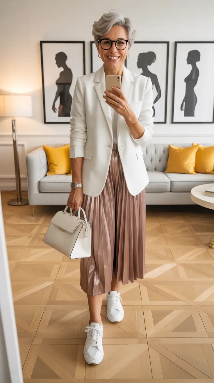April outfits ideas 2026 Modern Pleated Skirt and Blazer Combination