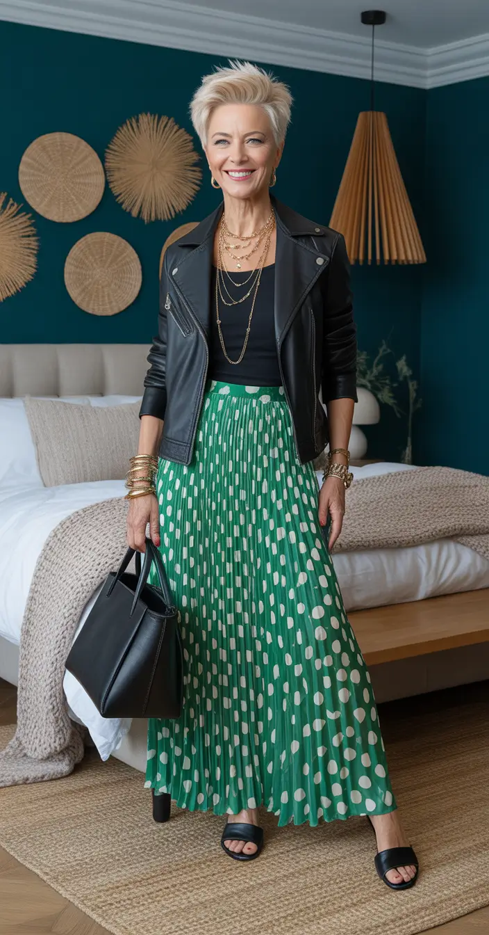 April outfits ideas 2026 Bold Green Skirt and Leather Jacket for Confident Spring Style