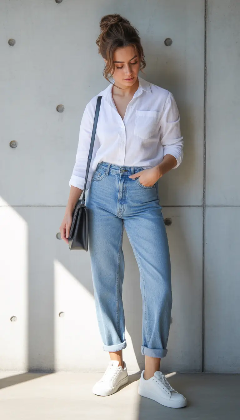 April outfits ideas 2026 Classic White Shirt and Denim for Timeless April Simplicity