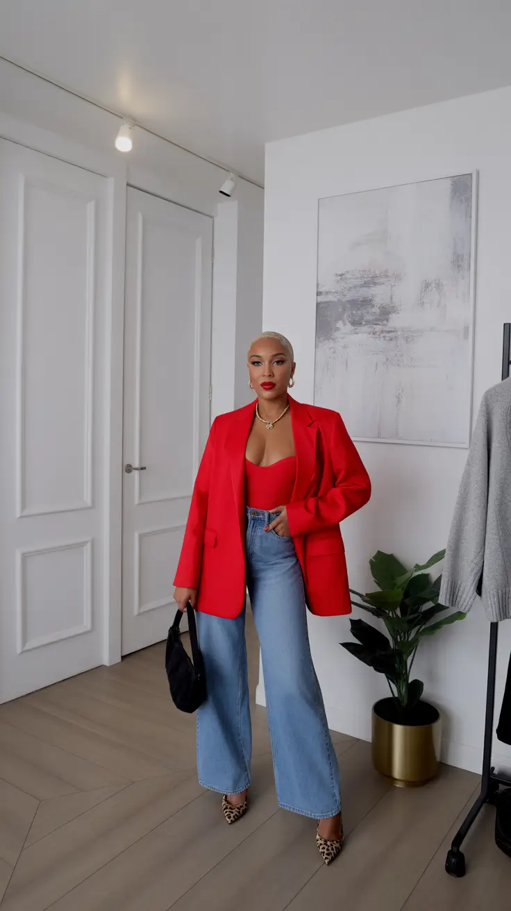 April outfits ideas 2026 Bold Red Blazer and Denim for Confident Street Style