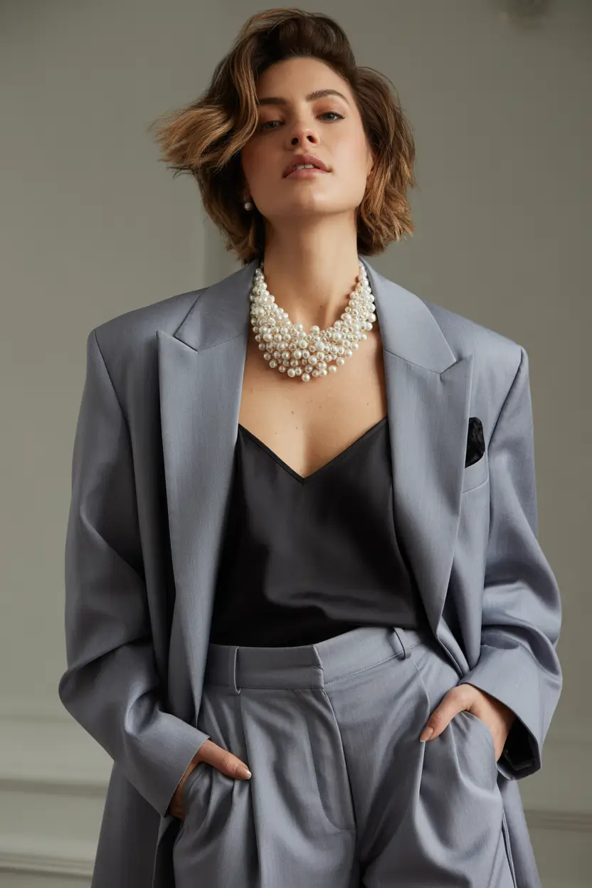 April outfits ideas 2026 Relaxed Gray Tailoring with Silk Layers for Cool April Mornings