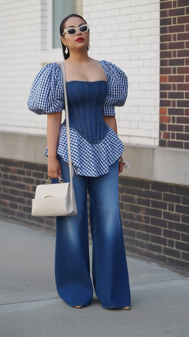 April outfits ideas 2026 Modern Denim Corset Look with Statement Sleeves