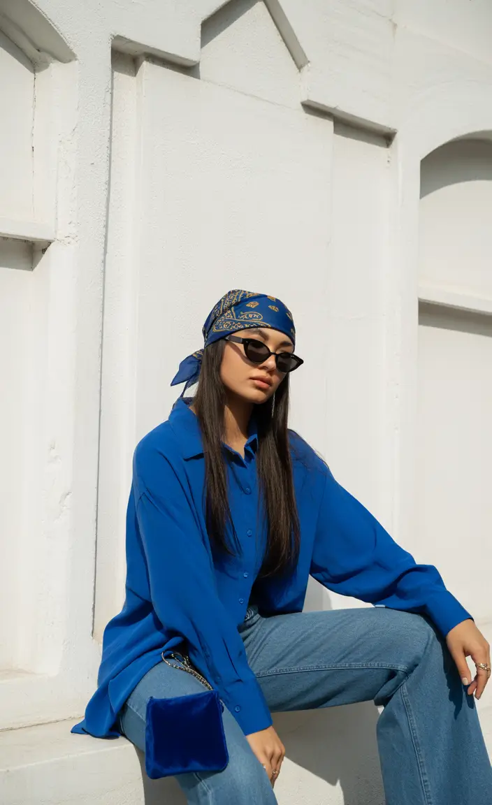 April outfits ideas 2026 Deep Blue Shirt and Headscarf for Effortless Urban Cool