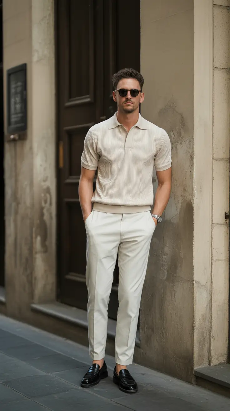 Casual summer outfits men 2026 Refined Knit Polo and Tailored Trousers Minimalism