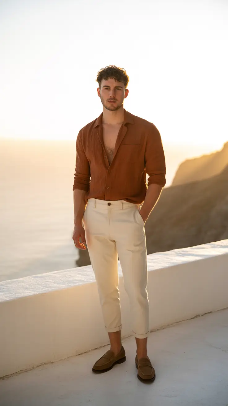 Casual summer outfits men 2026 Warm Sunset Tones With Relaxed Coastal Tailoring