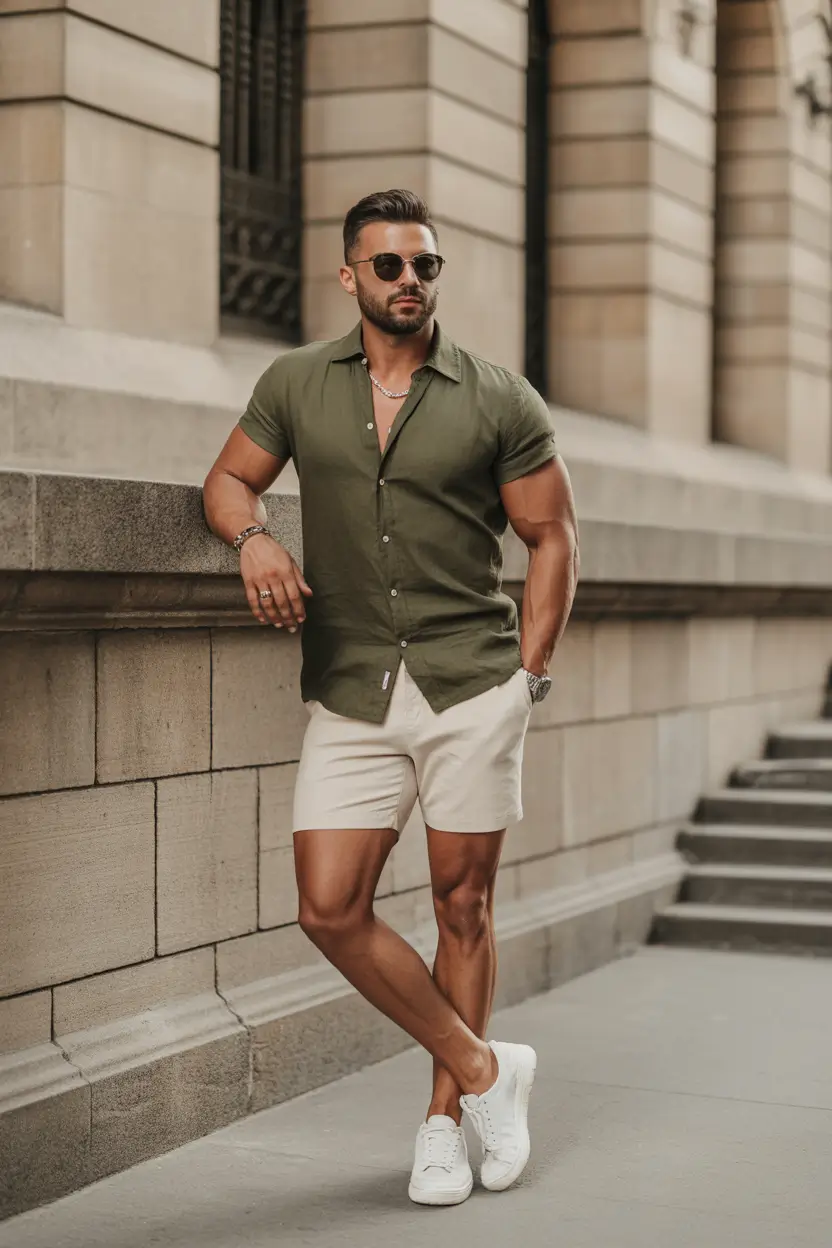 Casual summer outfits men 2026 Olive Shirt and Tailored Shorts Masculine Balance