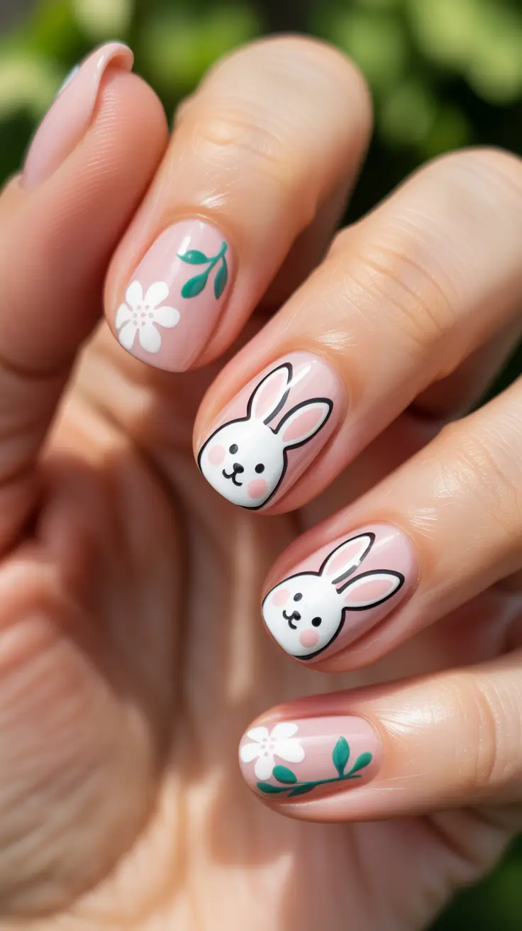 cute easter nail art ideas 2026 Minimal Bunny And Floral Spring Nails