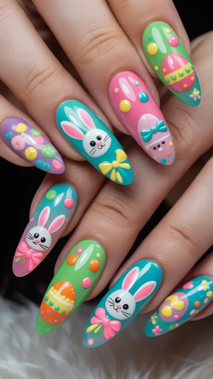 cute easter nail art ideas 2026 Colorful Easter Bunny And Egg Art Nails