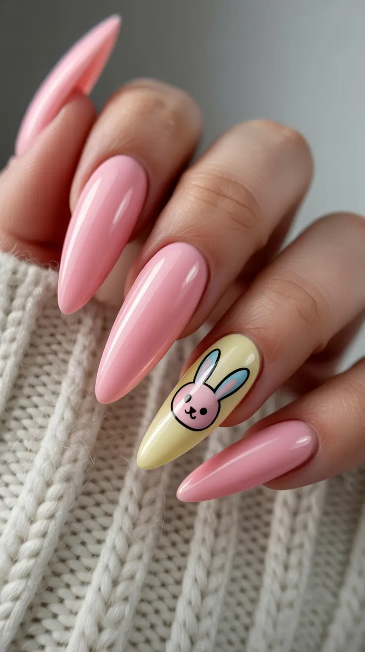 cute easter nail art ideas 2026 Soft Pink Stiletto Bunny Accent Nails