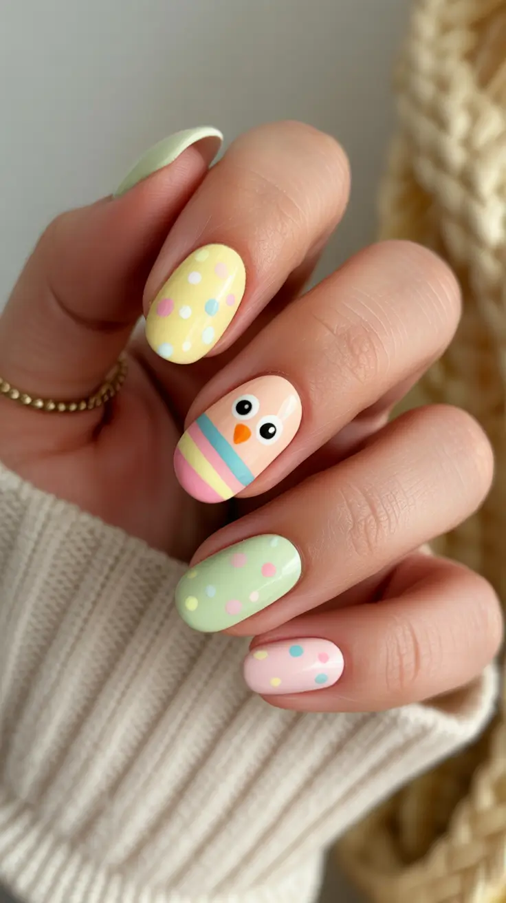 cute easter nail art ideas 2026 Pastel Chick And Polka Dot Easter Nails