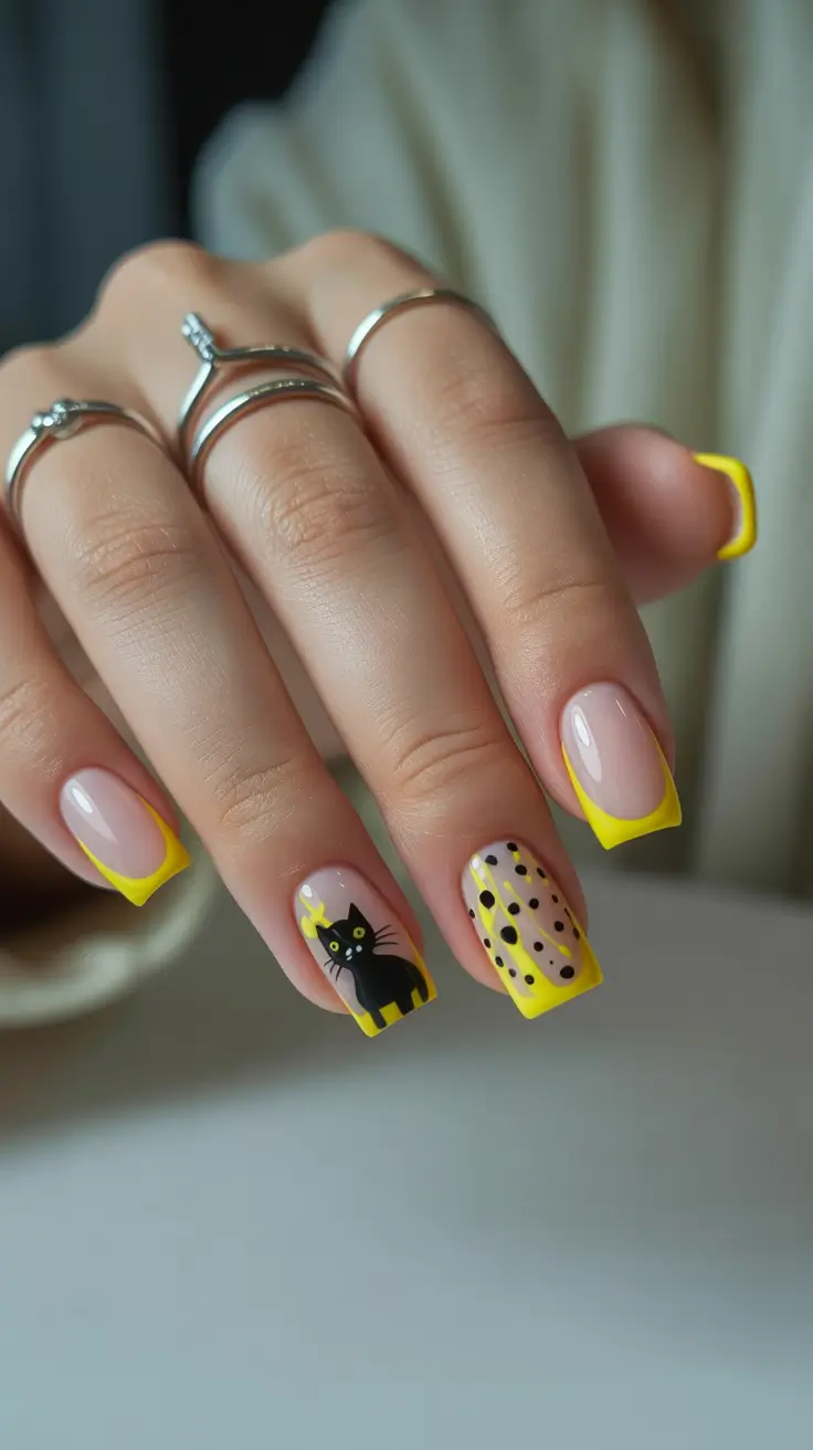 cute easter nail art ideas 2026 Sunny Yellow French Tips With Playful Cat Accent