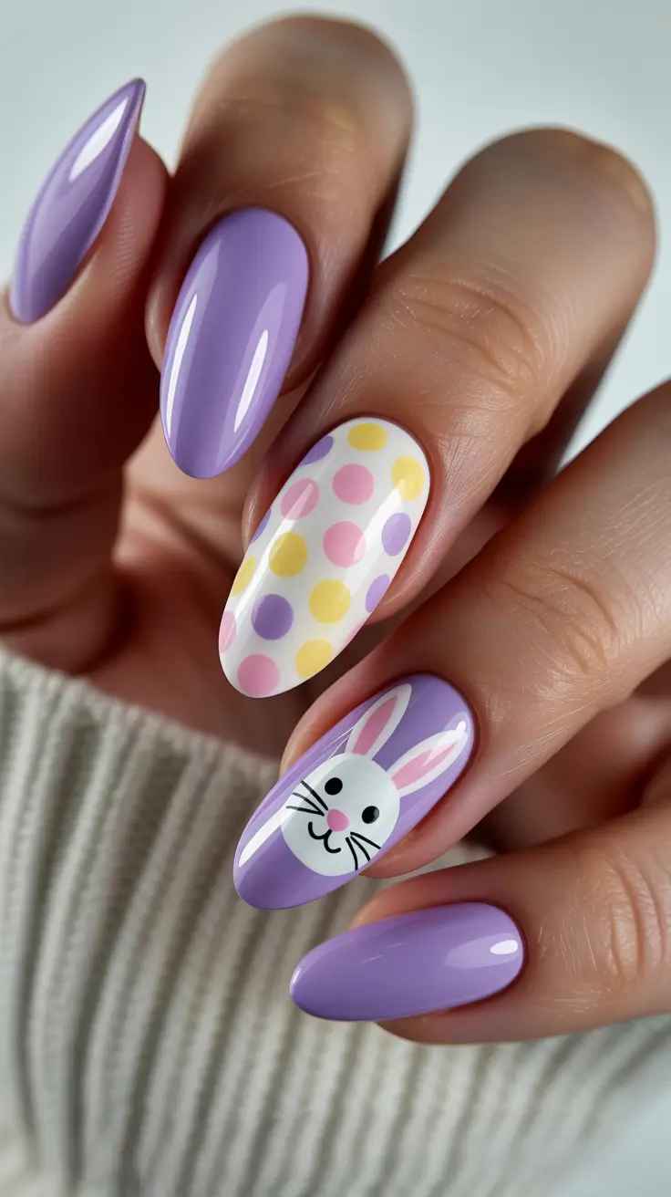 cute easter nail art ideas 2026 Lavender Bunny And Polka Dot Nails