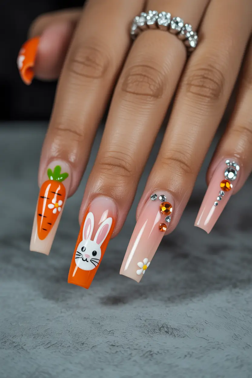 cute easter nail art ideas 2026 Playful Easter Bunny and Carrot Acrylic Nails