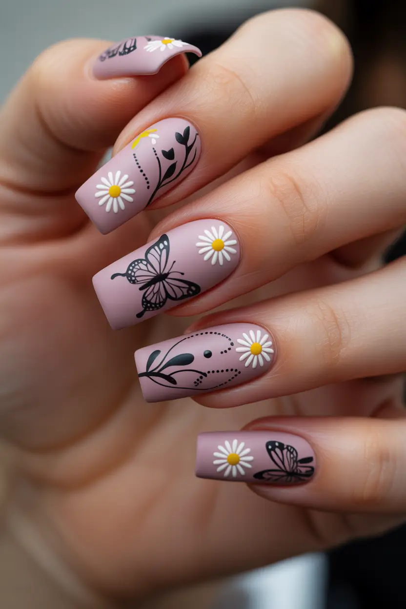 cute easter nail art ideas 2026 Soft Mauve Butterfly And Daisy Spring Nails
