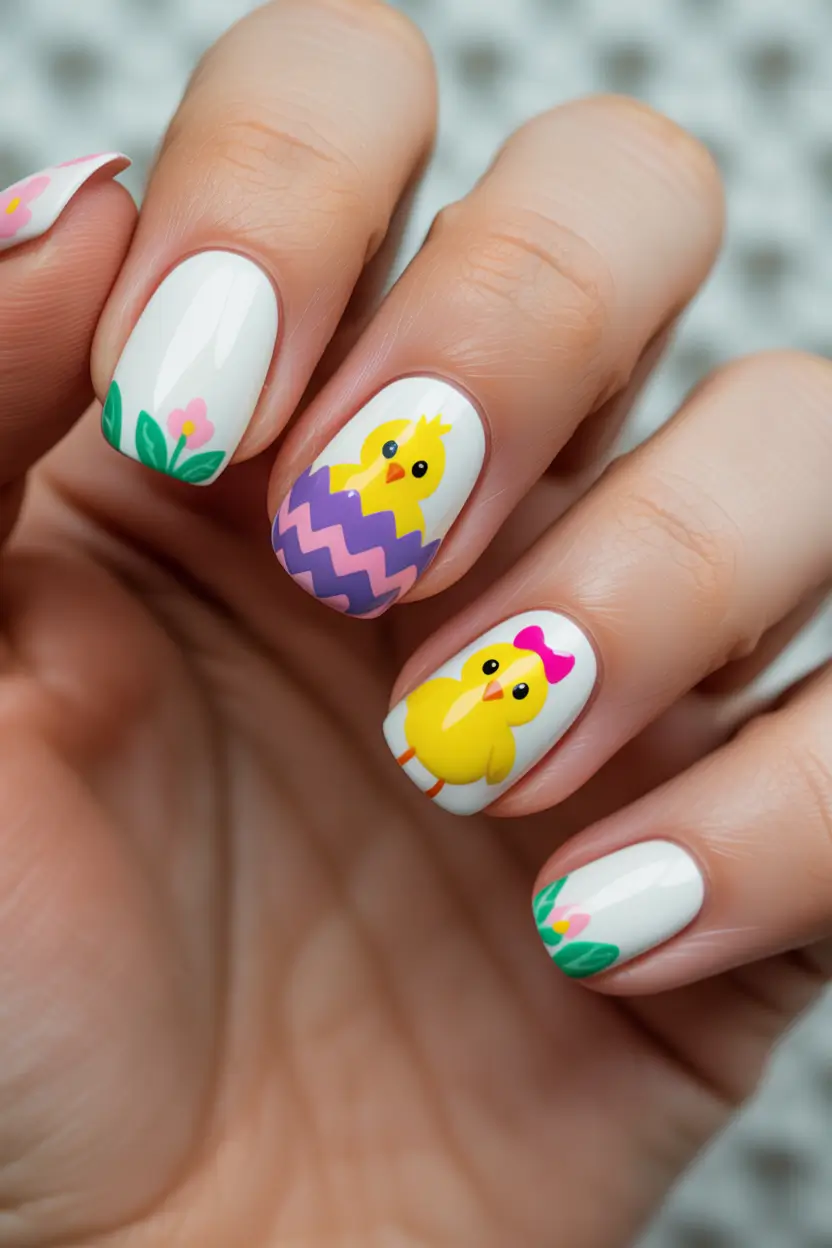 cute easter nail art ideas 2026 Cheerful Chick And Egg Easter Nails