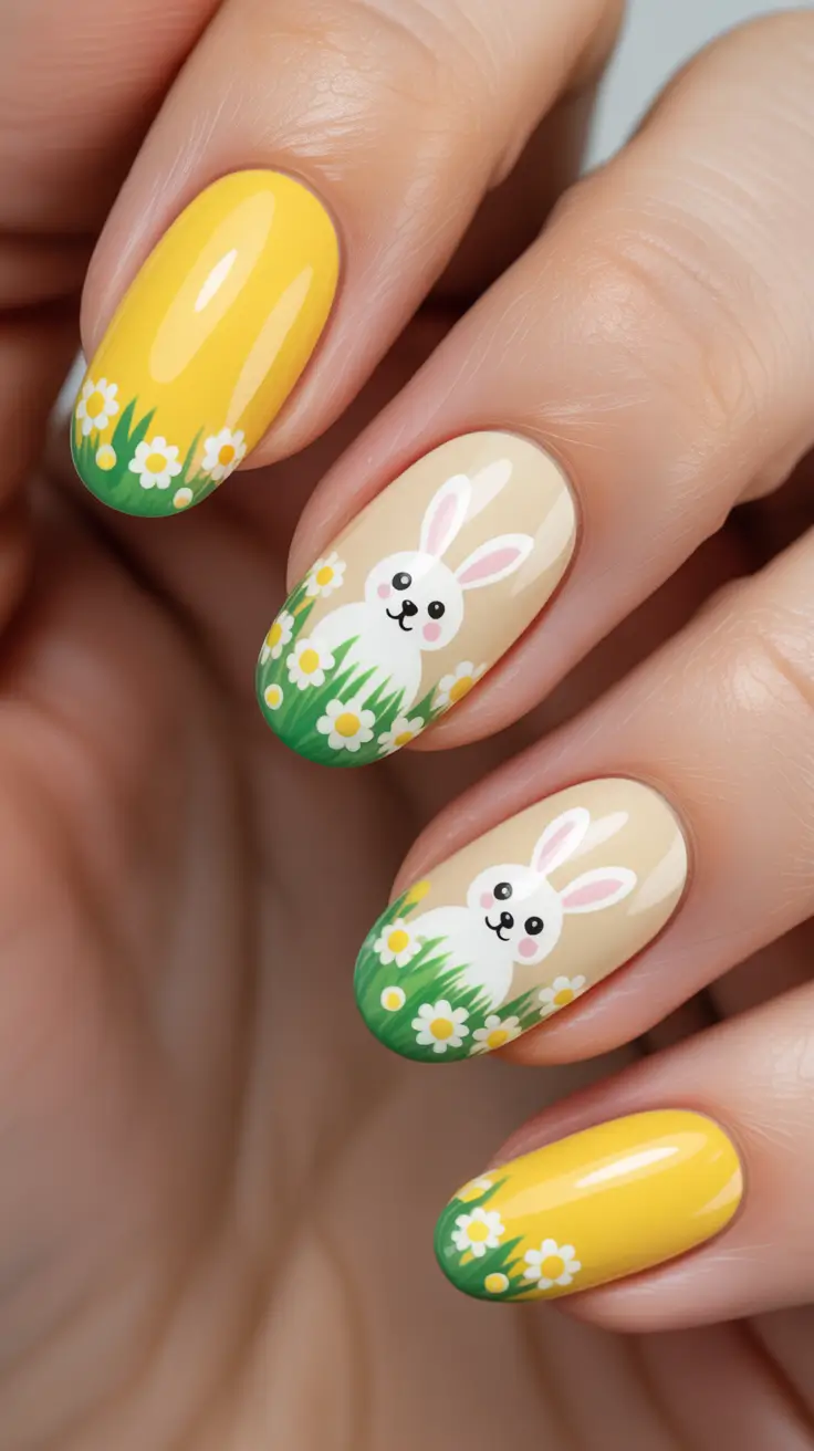 cute easter nail art ideas 2026 Sunny Bunny Meadow Easter Nails