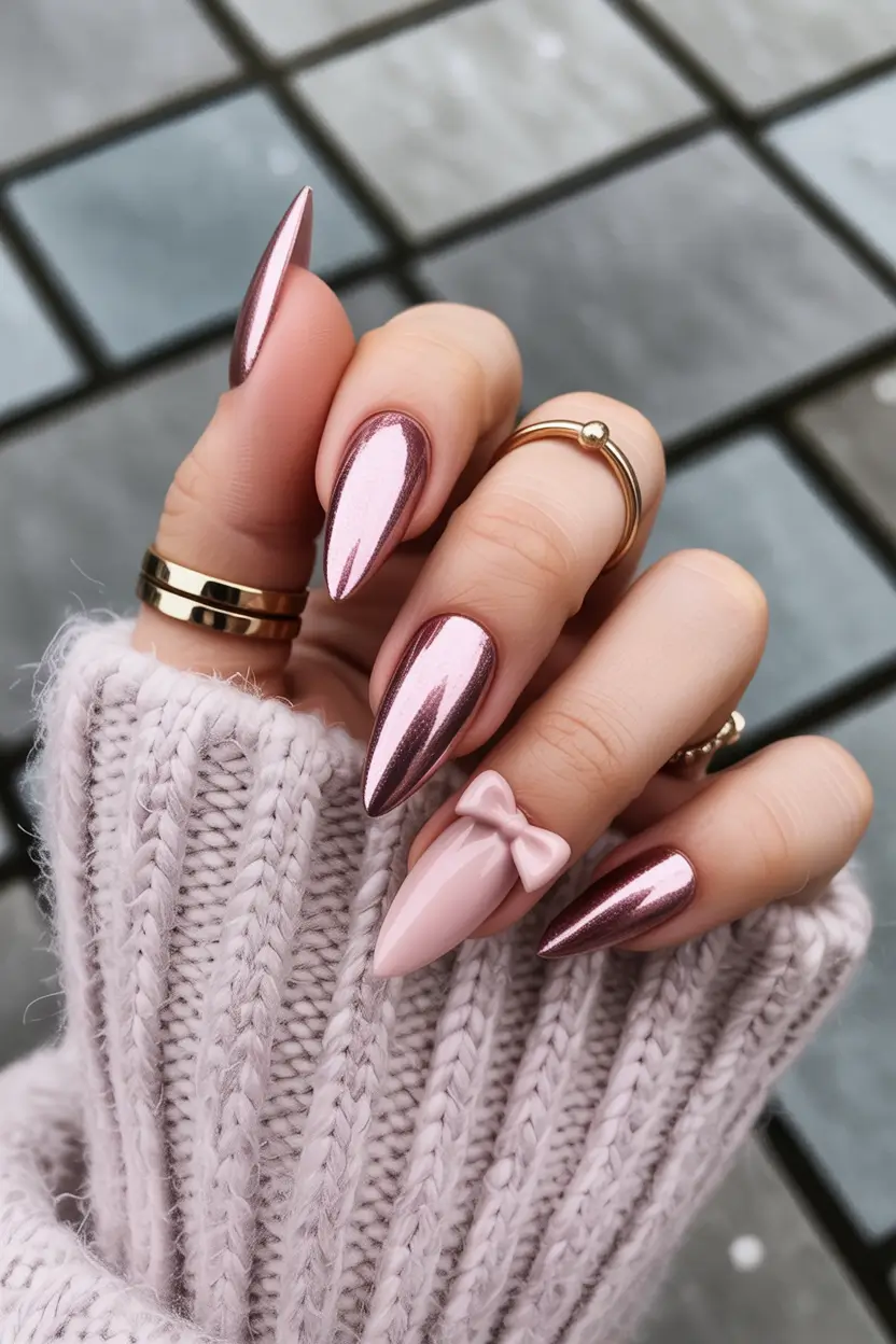 spring pink chrome nails Soft Blush Chrome Nails With a Minimal Bow Accent