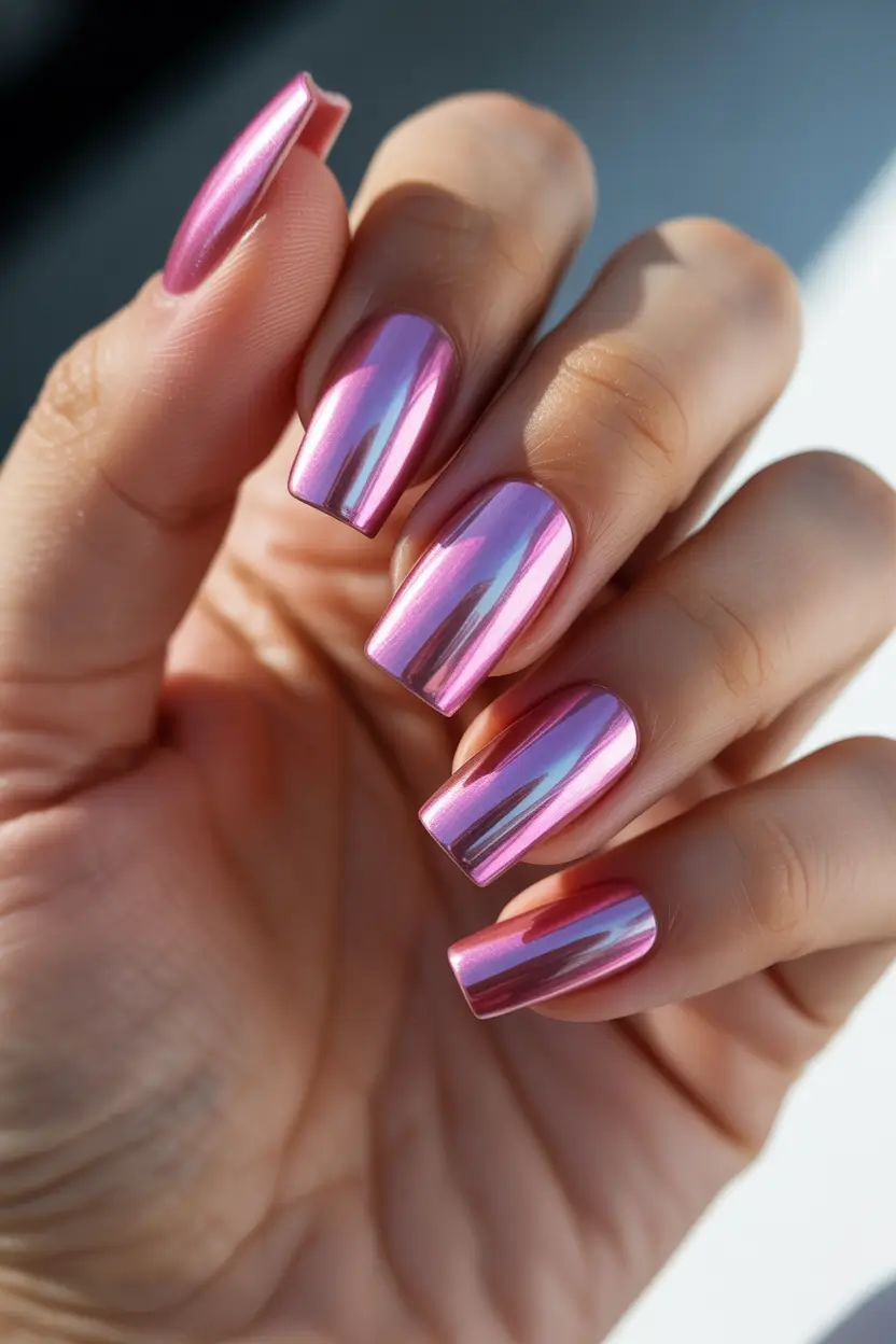 spring pink chrome nails Light Pink Chrome Square Nails With Mirror Finish