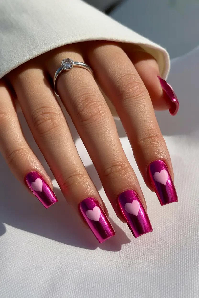 spring pink chrome nails Hot Pink Chrome Nails With Playful Heart Art