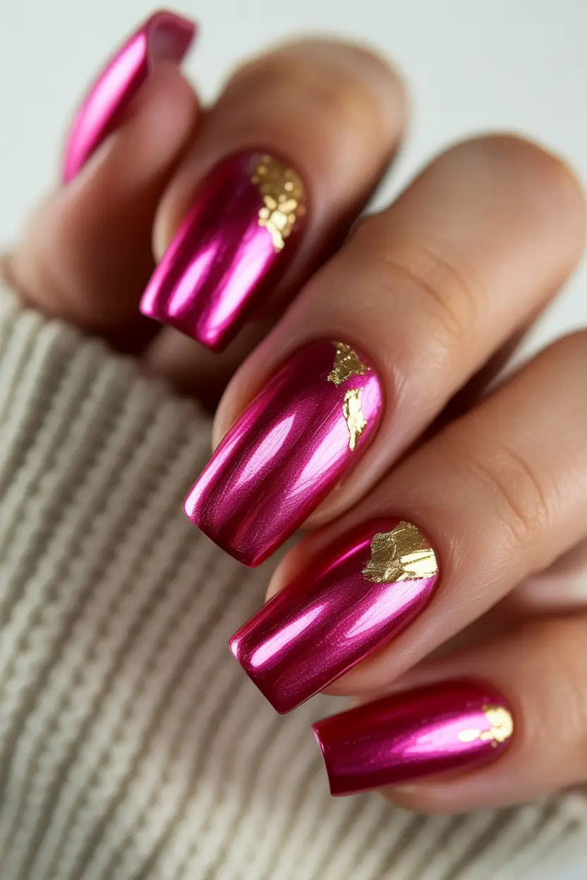 spring pink chrome nails Bright Pink Chrome Nails With Gold Foil Accents