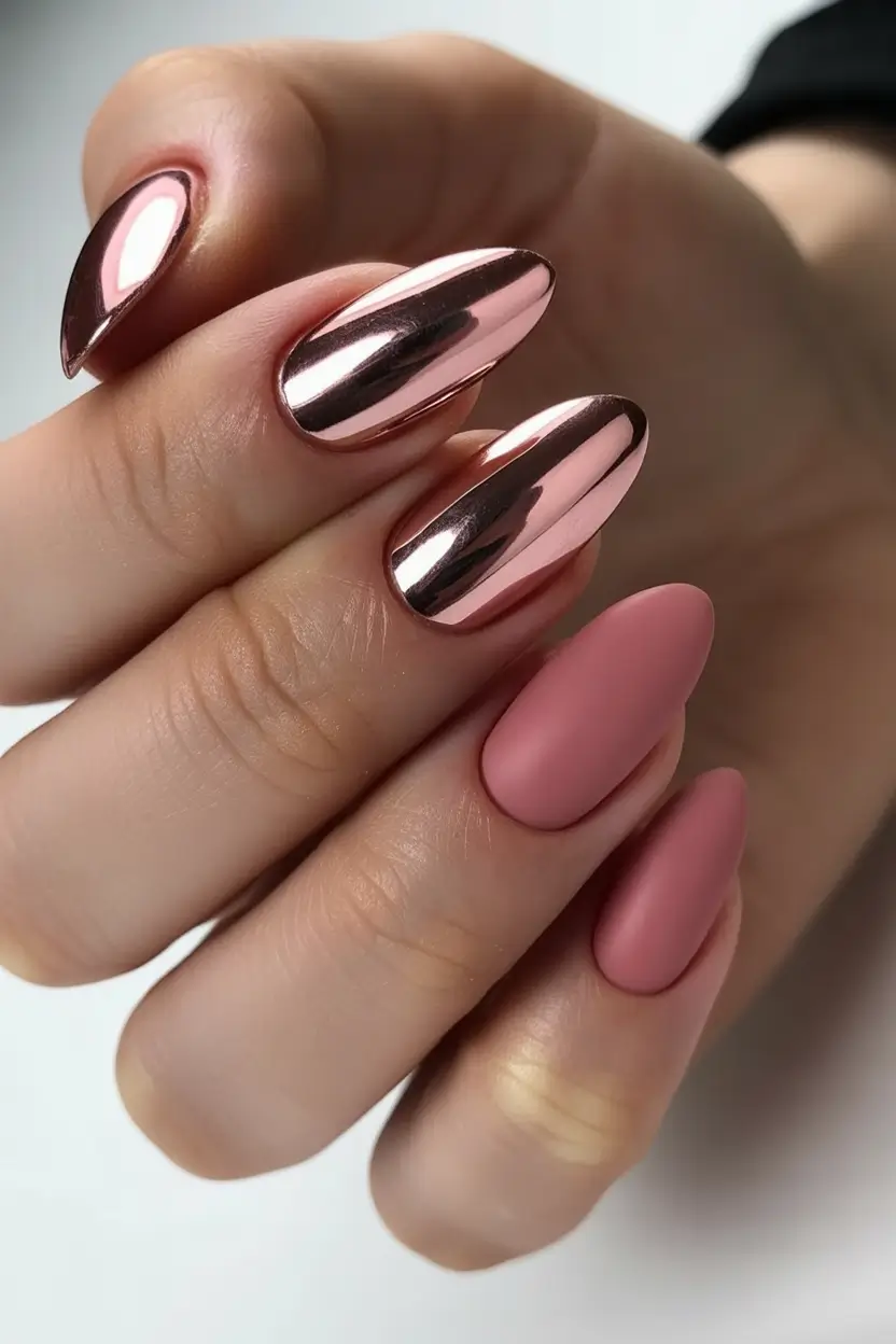 spring pink chrome nails Rose Chrome and Matte Pink Contrast Almond Nails