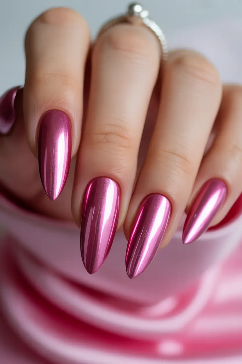 spring pink chrome nails Bright Bubblegum Chrome Almond Nails