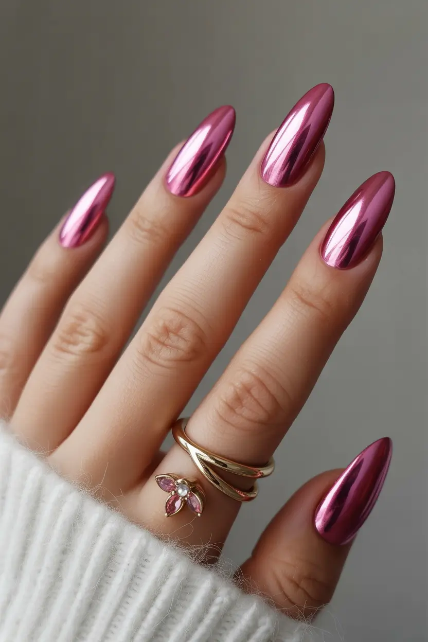 spring pink chrome nails Classic Barbie Chrome Almond Nails